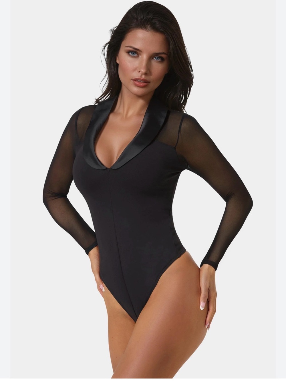 bebe Black Satin-Collar Sheer-Sleeve Bodysuit
